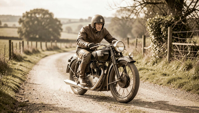 A vintage motorcycle and rider in period leathers on a country road, muted sepia tones, reminiscent of early twentieth century racing.