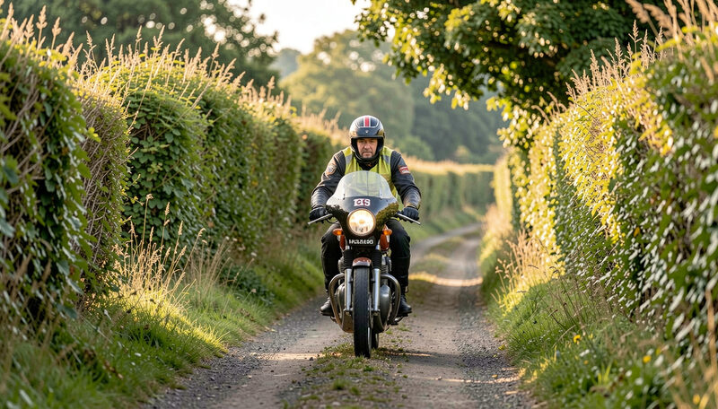 A clubman racer on a classic motorcycle through a leafy Manx lane in late summer light, tall hedgerows on both sides.