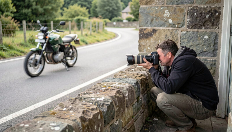 A photographer with a long lens crouched low behind a stone wall at the edge of a road, tracking a motorcycle sweeping past.